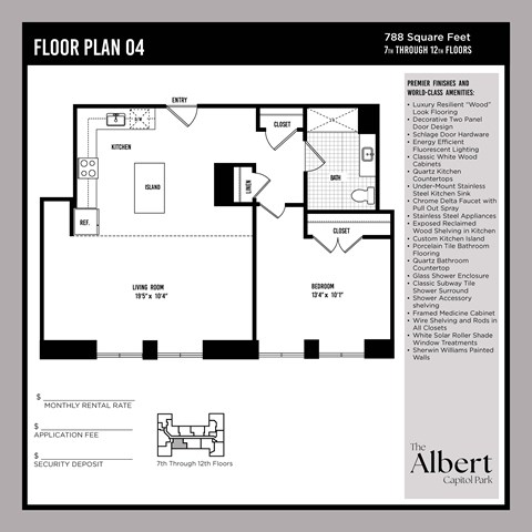 Floor plan for 1 bed, 1 bath, 788 sqft